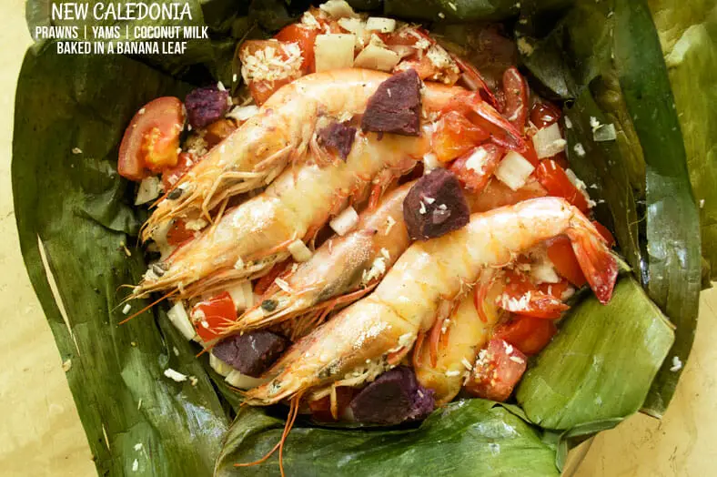 New Caledonian Bougna, a Kanak dish, featuring prawns and yams