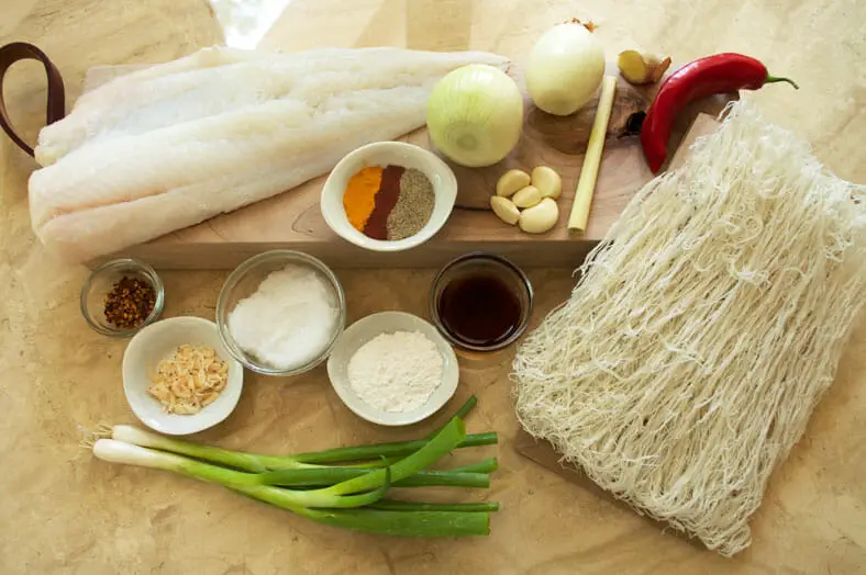 These are the ingredients to make Burmese Mohinga, a fish and rice noodle soup