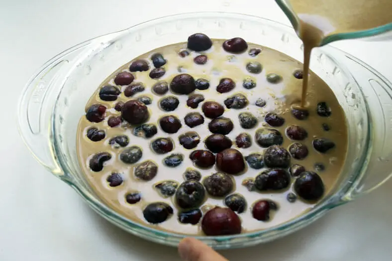 Pouring the batter over the cherries for a French clafoutis or a cherry custardy tart
